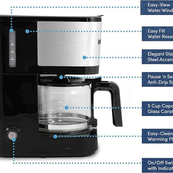 Elite Gourmet EHC9420 Automatic 5-Cup Brew & Drip Coffee Maker Reusable Filter - Picture 2 of 7